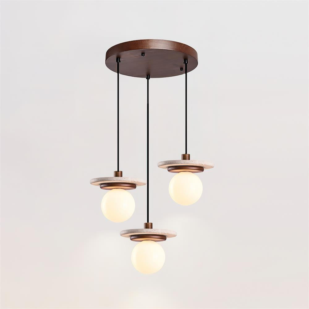 Lampe Suspension Globe en Verre Disque en Travertin Bois de Noyer Naturel - Neutralighting