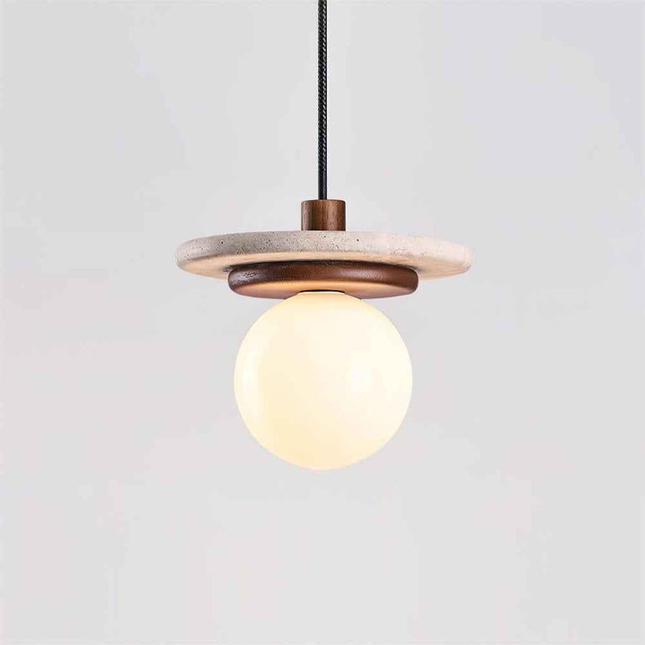 Lampe Suspension Globe en Verre Disque en Travertin Bois de Noyer Naturel - Neutralighting