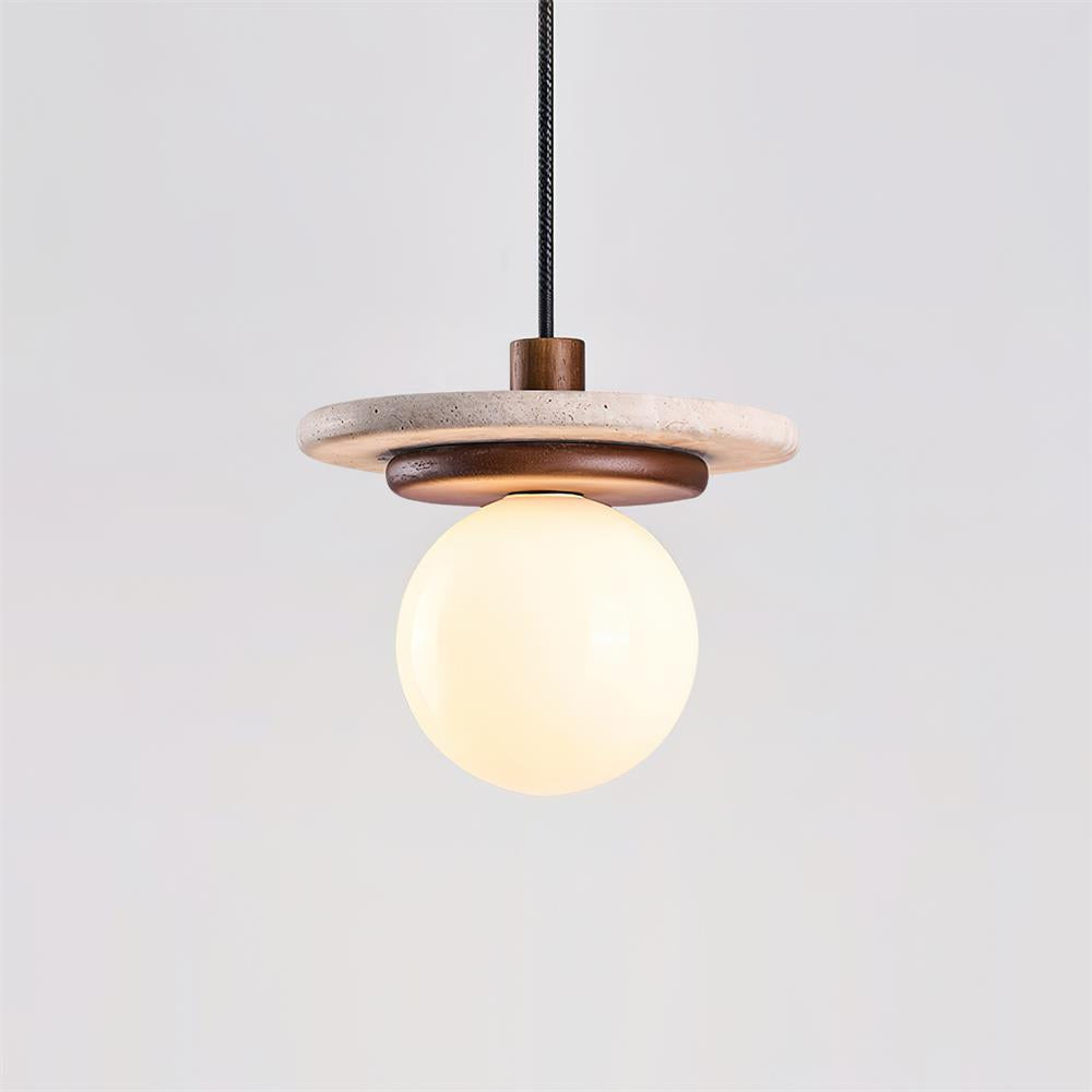 Lampe Suspension Globe en Verre Disque en Travertin Bois de Noyer Naturel - Neutralighting