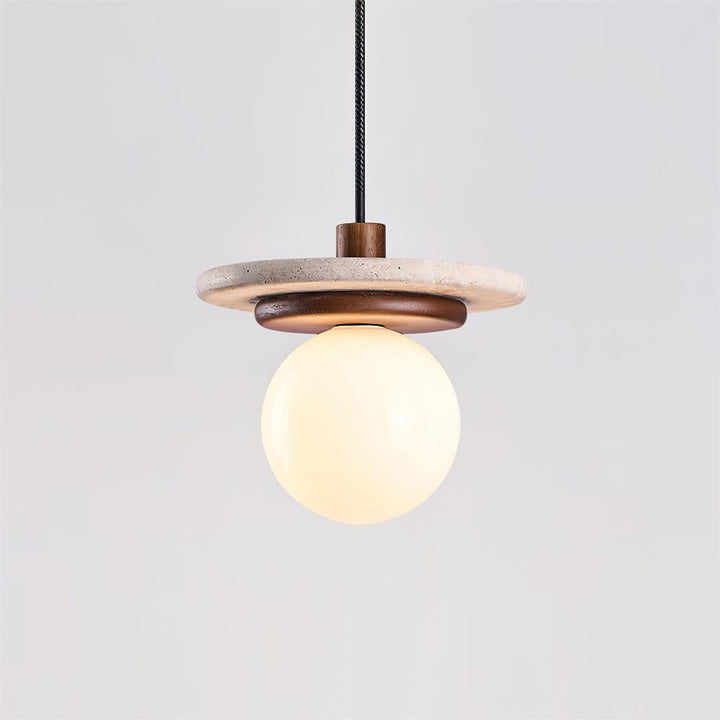 Lampe Suspension Globe en Verre Disque en Travertin Bois de Noyer Naturel - Neutralighting