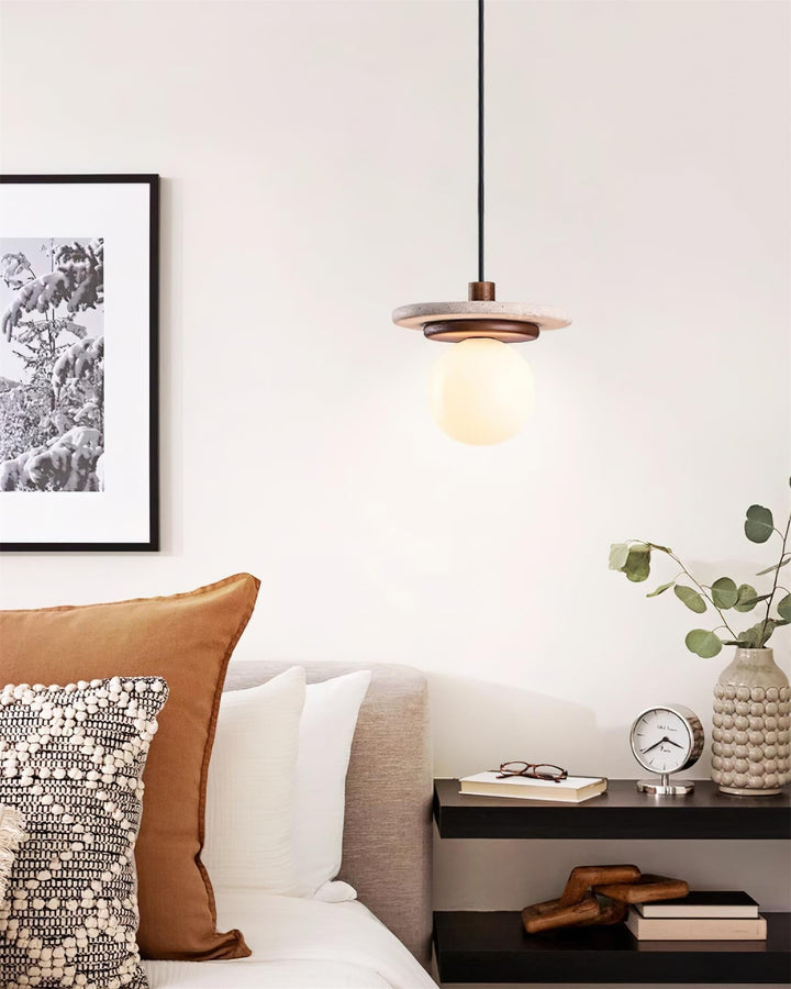 Lampe Suspension Globe en Verre Disque en Travertin Bois de Noyer Naturel - Neutralighting