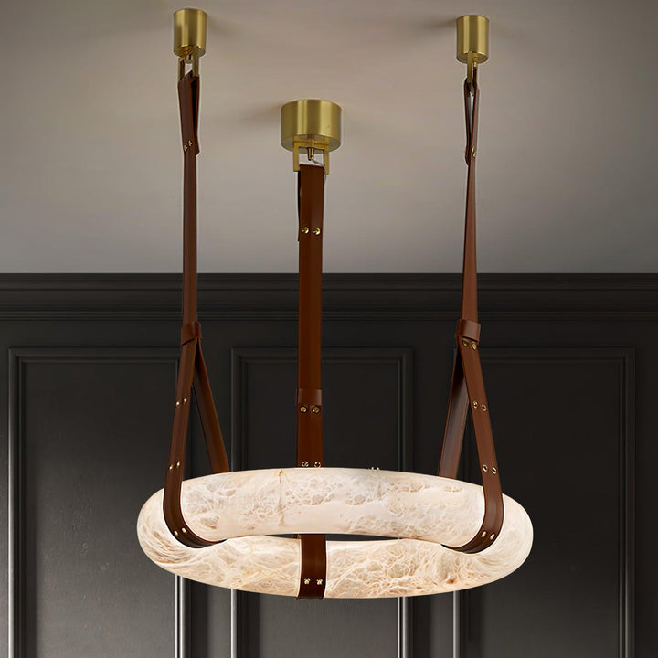 Aira Suspension Lampe Anneau en albâtre Lanières en cuir Luxe scandinave - Neutralighting