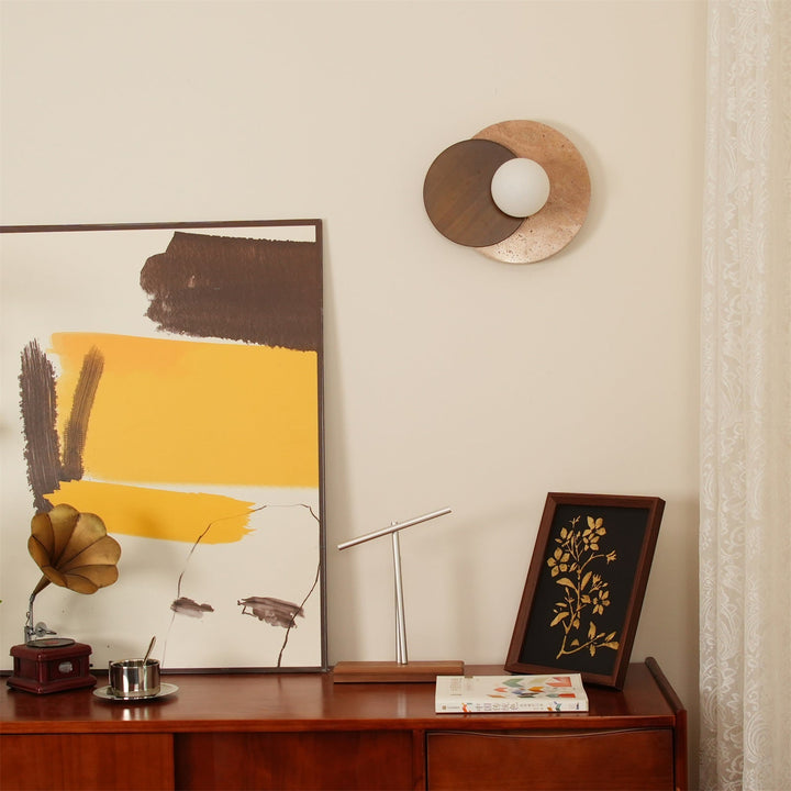 Virelli Applique Murale Disques Superposés en Travertin Bois de Noyer Scandinave - Neutralighting