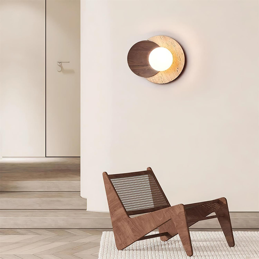 Virelli Applique Murale Disques Superposés en Travertin Bois de Noyer Scandinave - Neutralighting