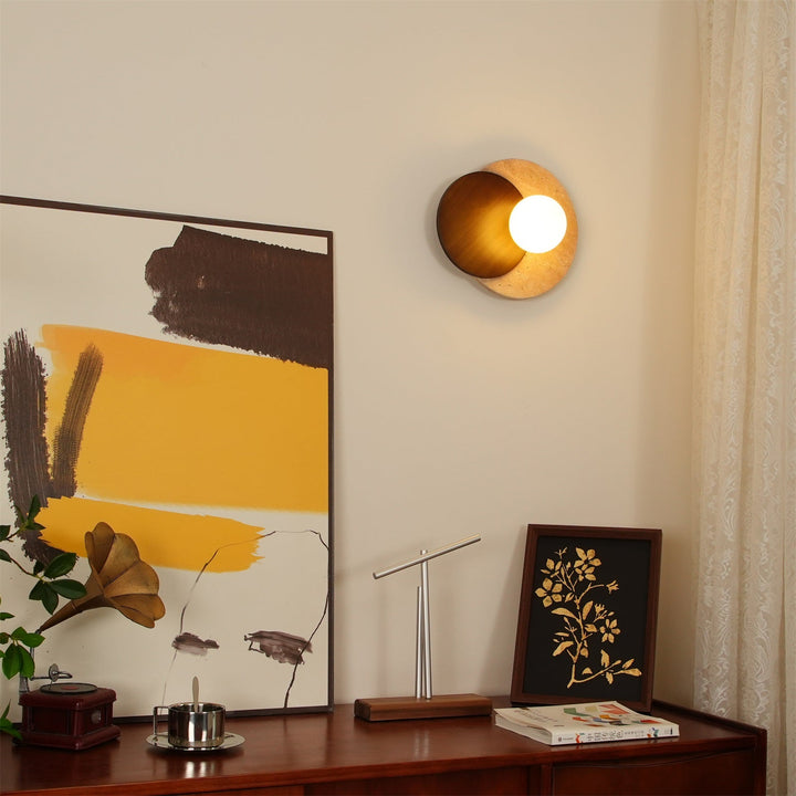 Virelli Applique Murale Disques Superposés en Travertin Bois de Noyer Scandinave - Neutralighting
