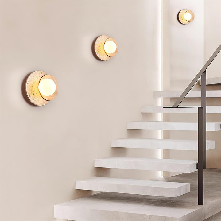 Virelli Applique Murale Disques Superposés en Travertin Bois de Noyer Scandinave - Neutralighting