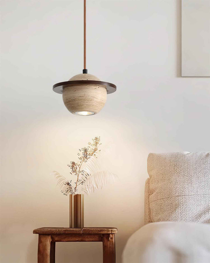 Lampe Suspension Planète Travertin Bois de Noyer Minimaliste - Neutralighting