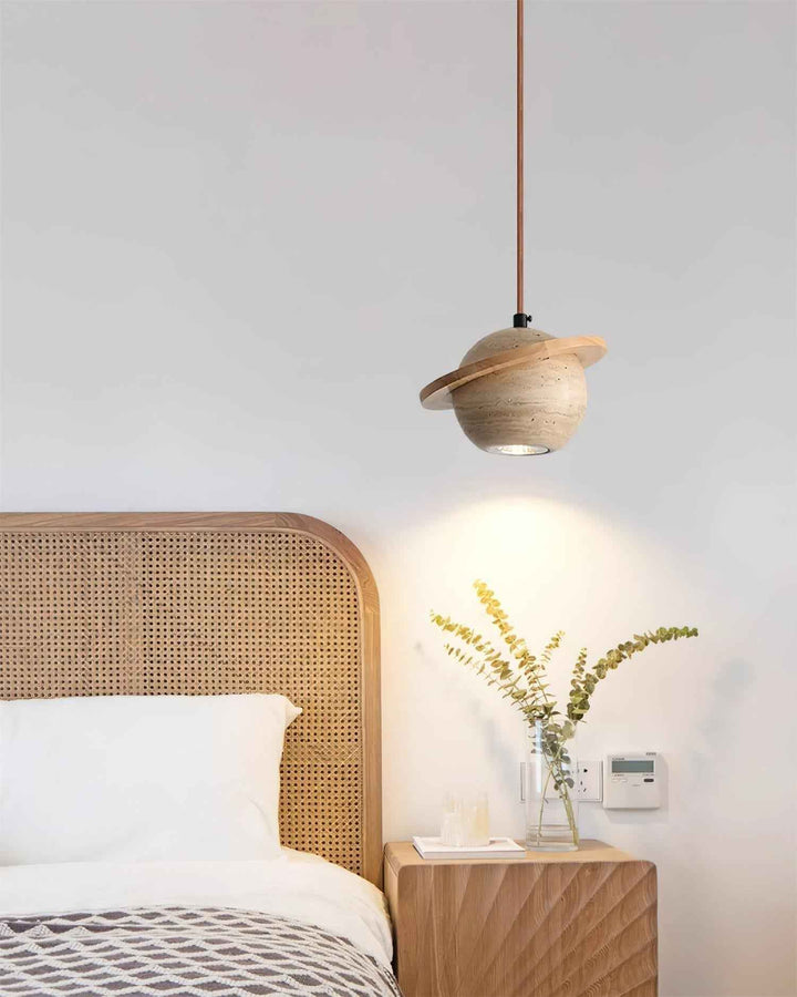 Lampe Suspension Planète Travertin Bois de Noyer Minimaliste - Neutralighting