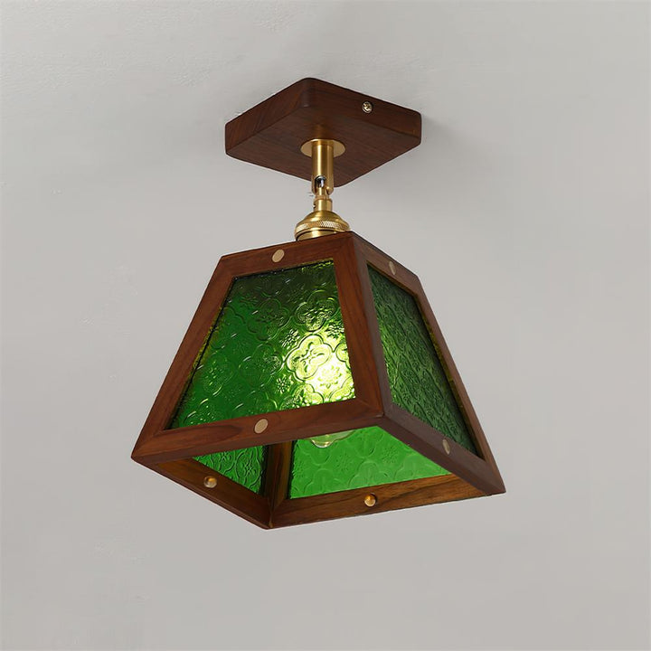 Radia Lustre Plafonnier Cadre en Bois Panneaux en Verre Géométriques - Neutralighting