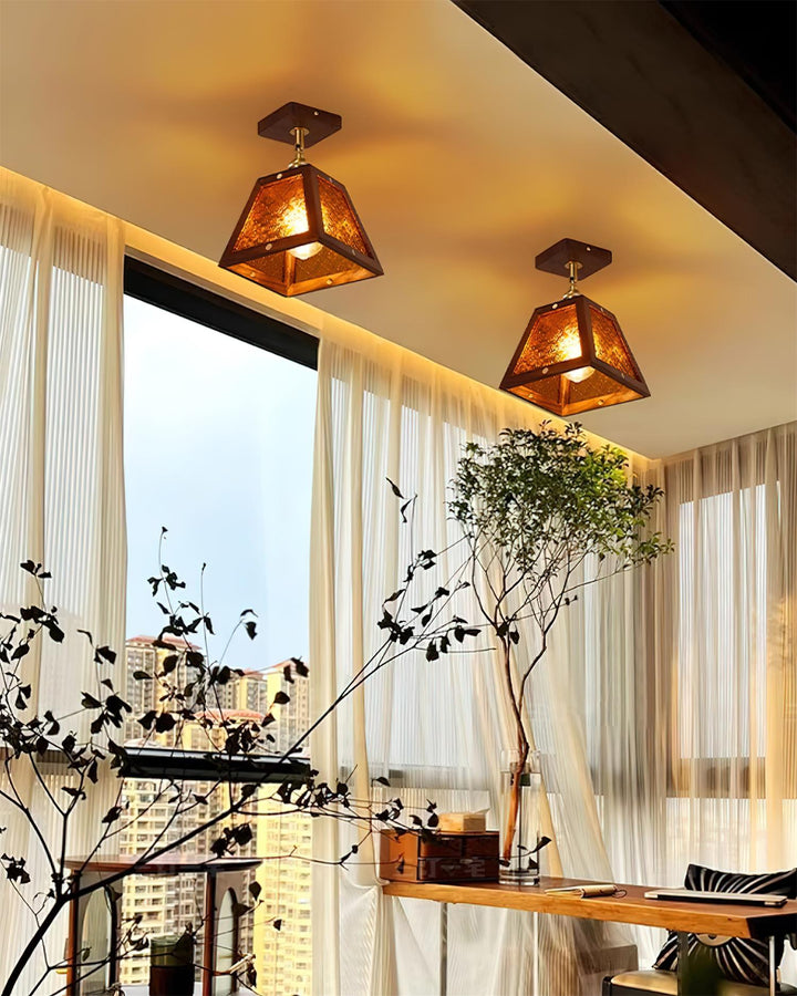 Radia Lustre Plafonnier Cadre en Bois Panneaux en Verre Géométriques - Neutralighting