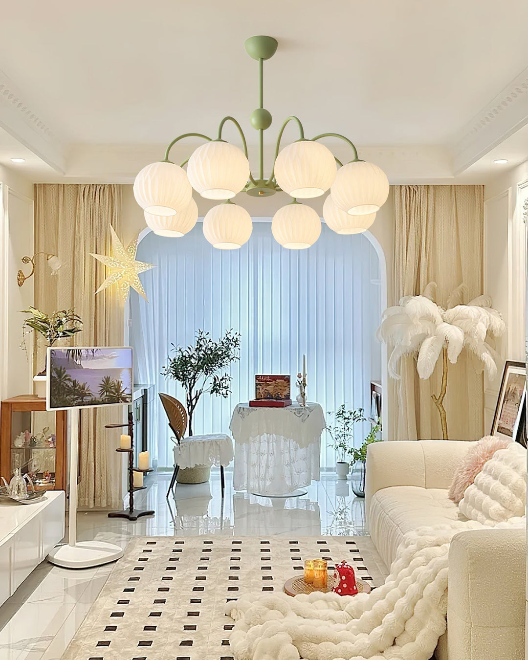 Lustra Chandelier Moderne à 8 Lumières en Verre Ridé Vert - Neutralighting