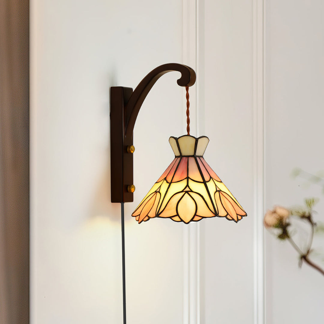 Applique Murale Tiffany Coloré Verre Floral Ombre Bois Support Ancien - Neutralighting