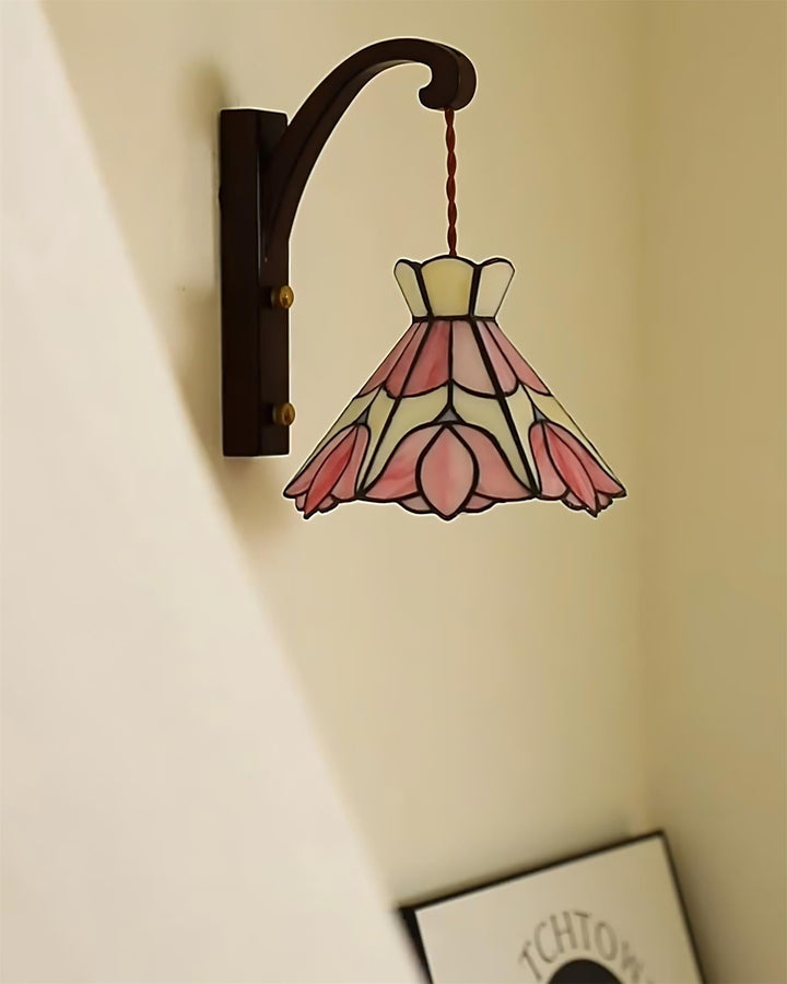 Applique Murale Tiffany Coloré Verre Floral Ombre Bois Support Ancien - Neutralighting