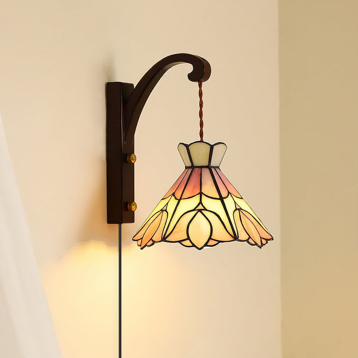 Applique Murale Tiffany Coloré Verre Floral Ombre Bois Support Ancien - Neutralighting