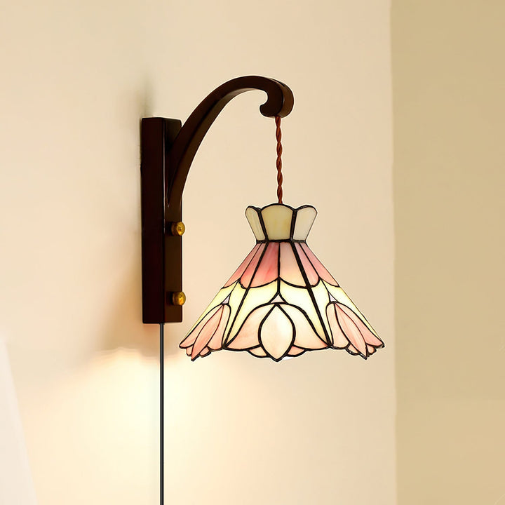 Applique Murale Tiffany Coloré Verre Floral Ombre Bois Support Ancien - Neutralighting