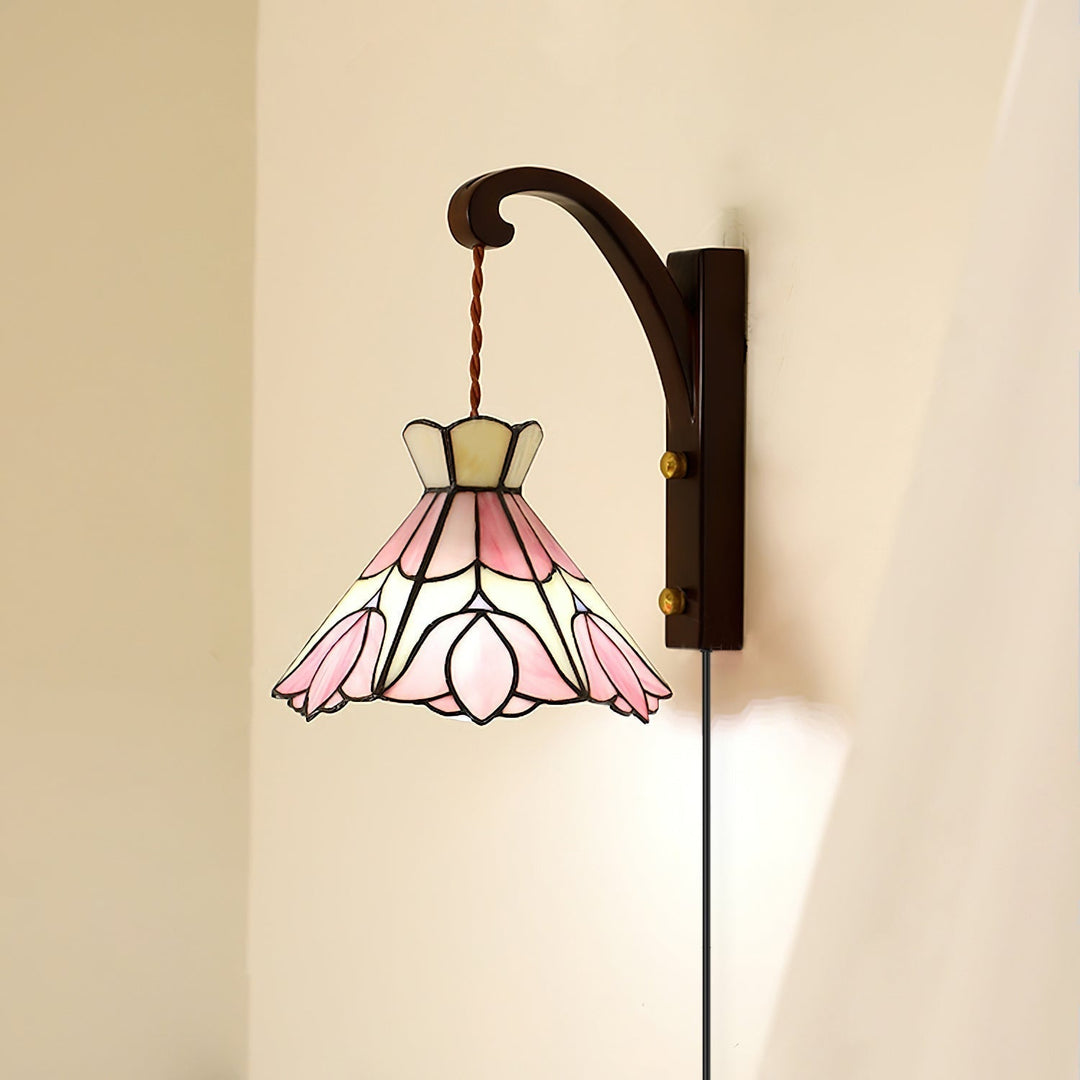 Applique Murale Tiffany Coloré Verre Floral Ombre Bois Support Ancien - Neutralighting