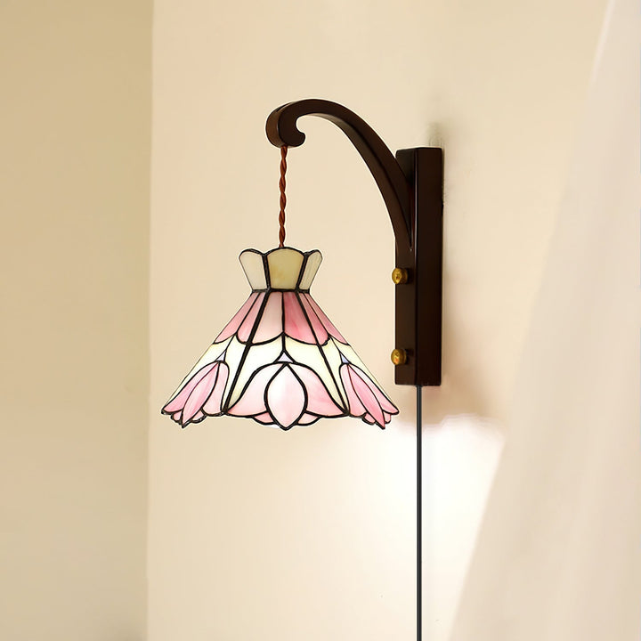 Applique Murale Tiffany Coloré Verre Floral Ombre Bois Support Ancien - Neutralighting