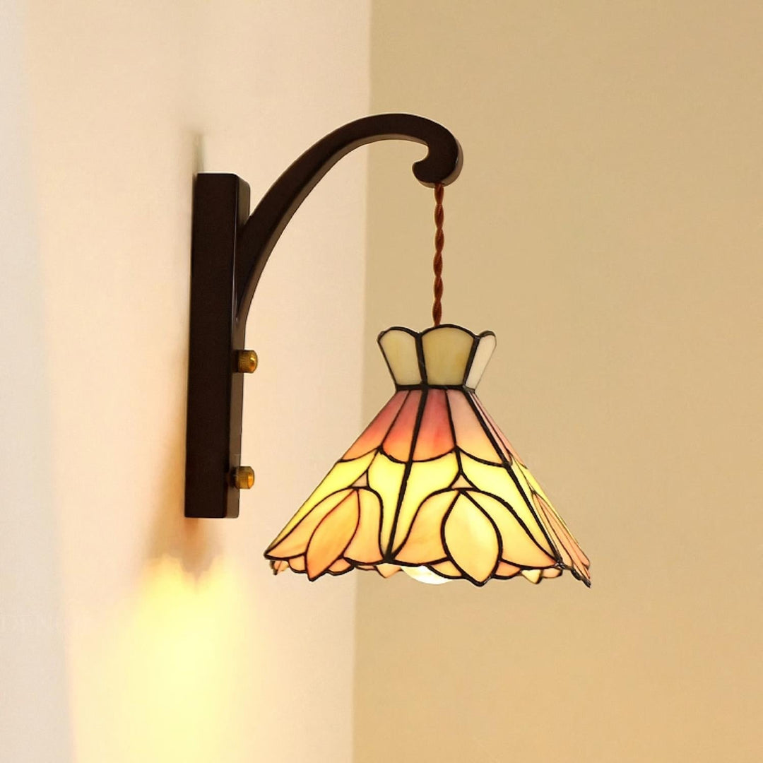 Applique Murale Tiffany Coloré Verre Floral Ombre Bois Support Ancien - Neutralighting