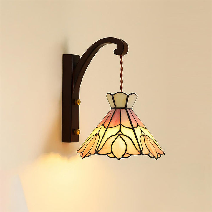 Applique Murale Tiffany Coloré Verre Floral Ombre Bois Support Ancien - Neutralighting