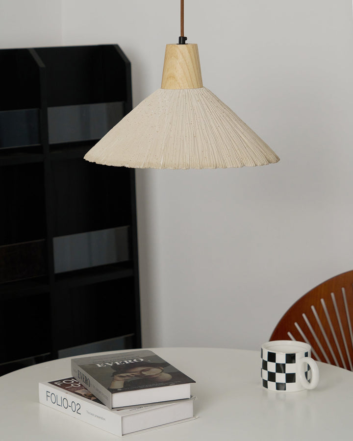 Suspension Bois Dessus Texturé Ciment Abat-jour Gris Naturel Japandi - Neutralighting
