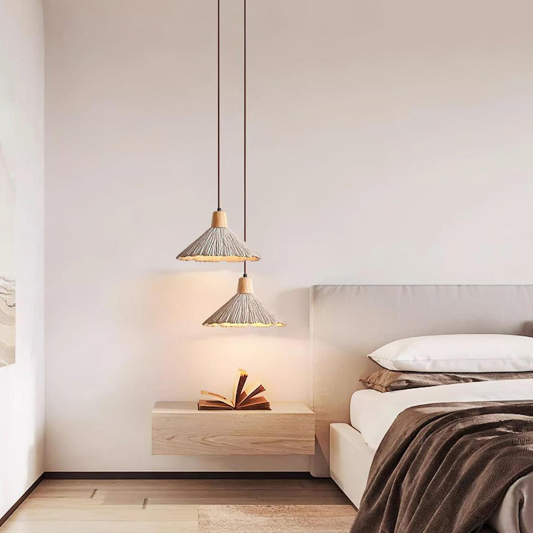 Suspension Bois Dessus Texturé Ciment Abat-jour Gris Naturel Japandi - Neutralighting