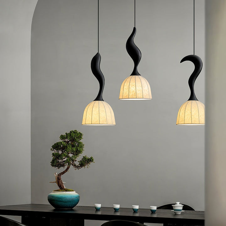 Solia Lampe Pendante Tige Courbée Tissu Bois - Neutralighting