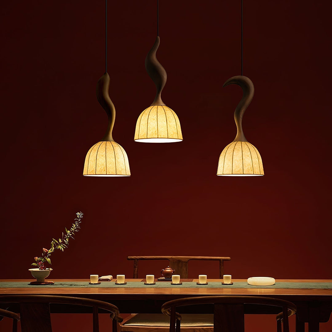 Solia Lampe Pendante Tige Courbée Tissu Bois - Neutralighting