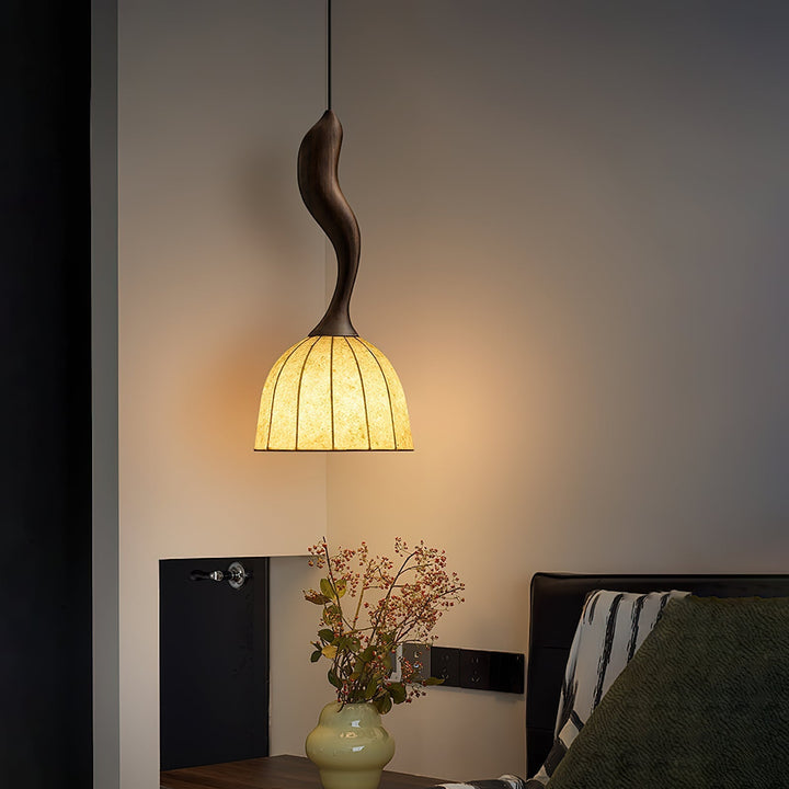 Solia Lampe Pendante Tige Courbée Tissu Bois - Neutralighting