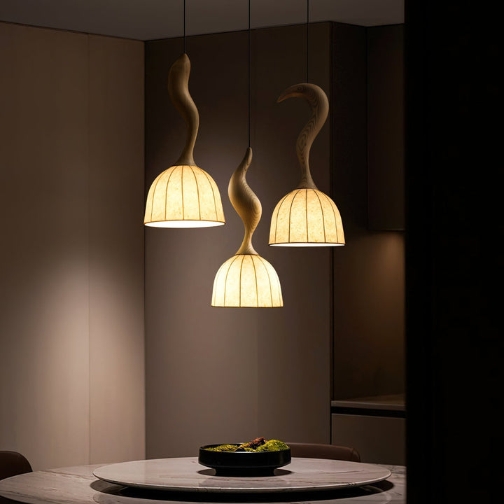 Solia Lampe Pendante Tige Courbée Tissu Bois - Neutralighting