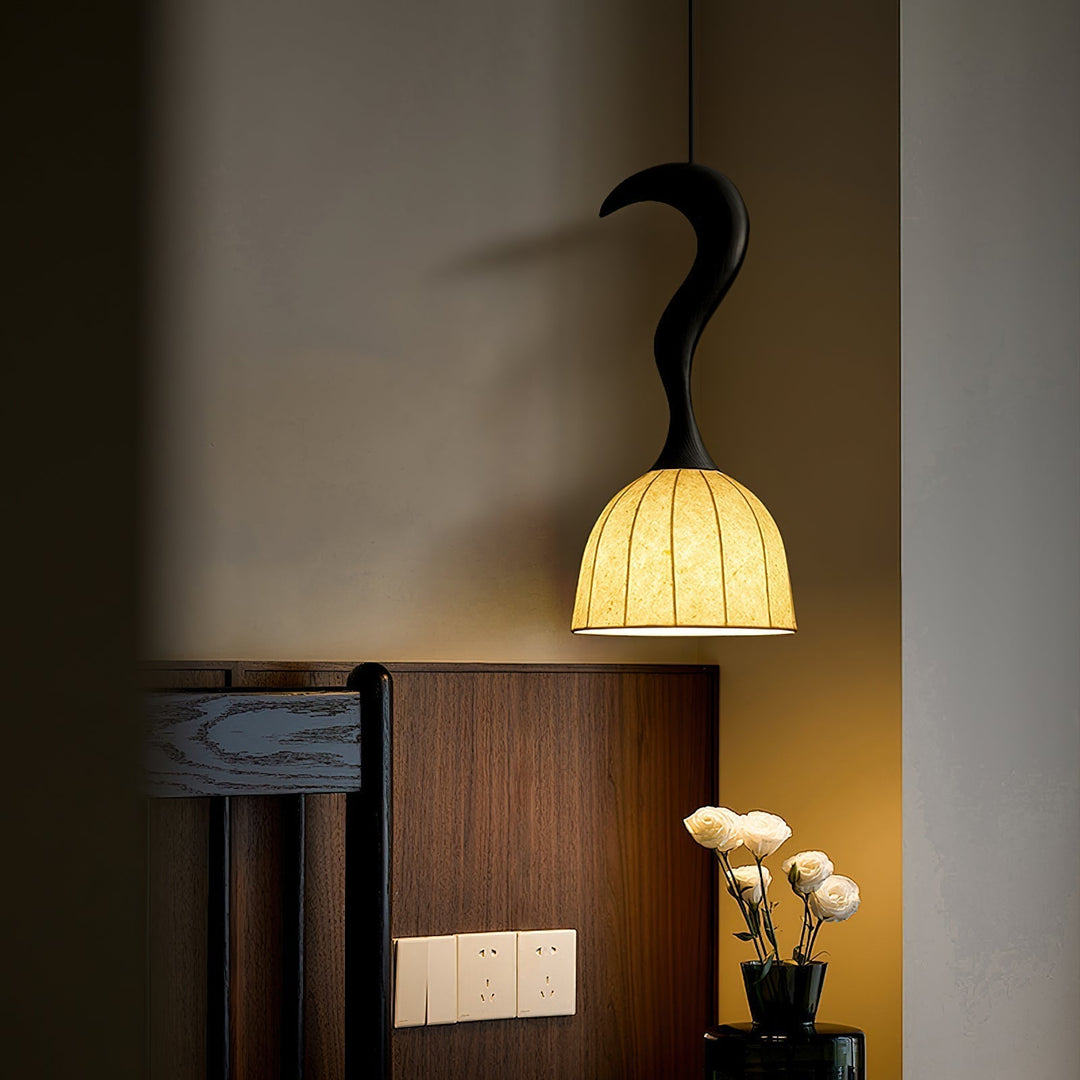 Solia Lampe Pendante Tige Courbée Tissu Bois - Neutralighting