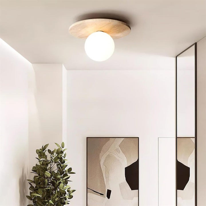 Virelli Lampe de Plafond Disque en Travertin avec Globe en Verre Scandi Cozy - Neutralighting