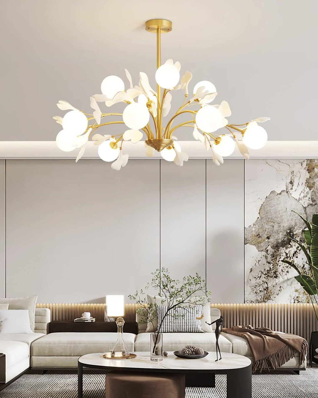 Lustra Chandelier Feuille de Ginkgo Laiton Verre - Neutralighting