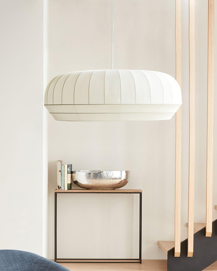 Suspension Luminaire Soie Abat-jour Blanc Tissu Lignes Verticales Doux Moderne Minimaliste - Neutralighting