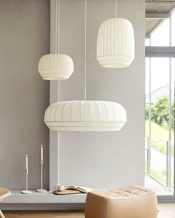 Suspension Luminaire Soie Abat-jour Blanc Tissu Lignes Verticales Doux Moderne Minimaliste - Neutralighting