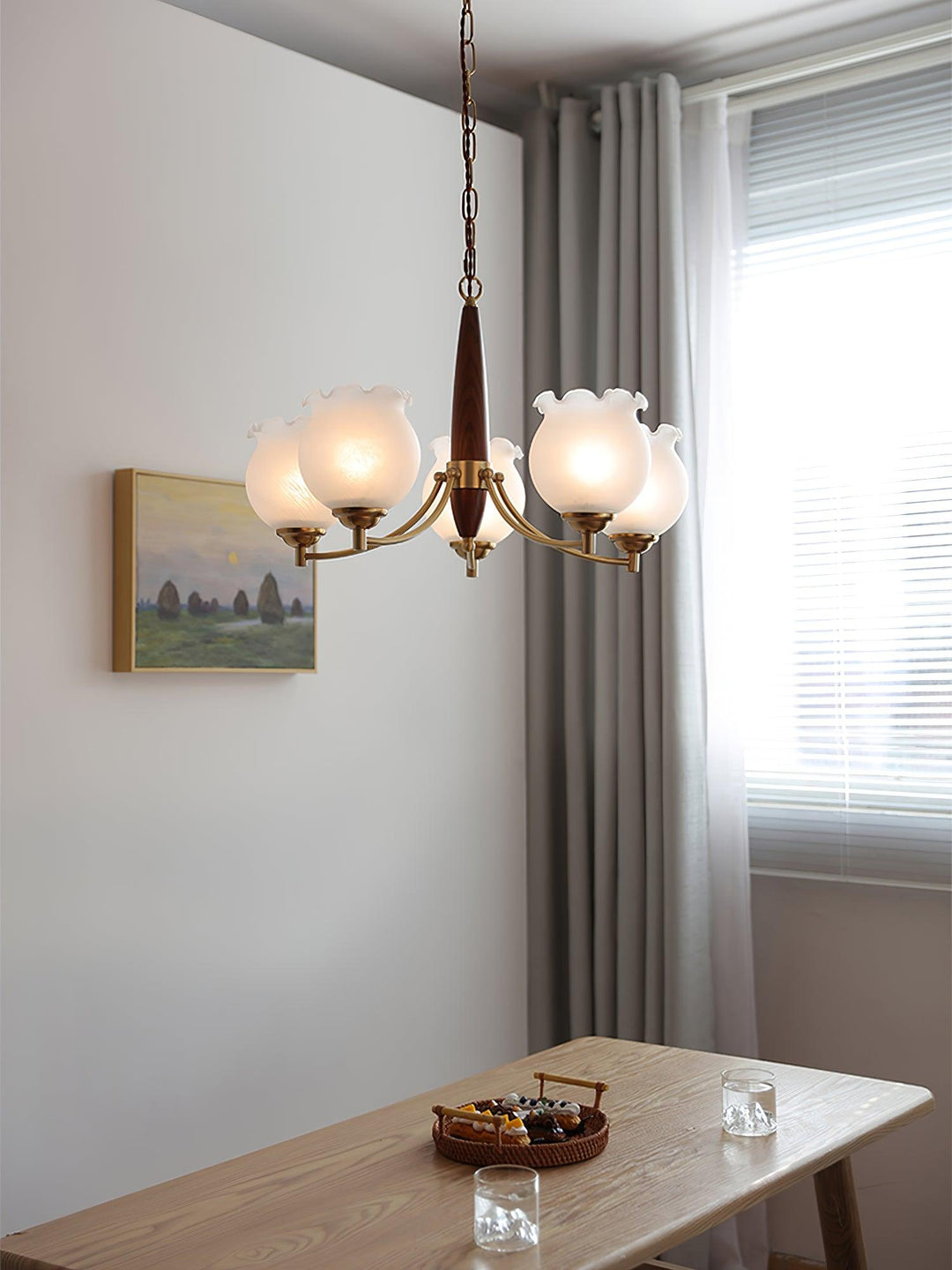 Lustra Chandelier en Verre, Bois et Laiton Vintage - Neutralighting