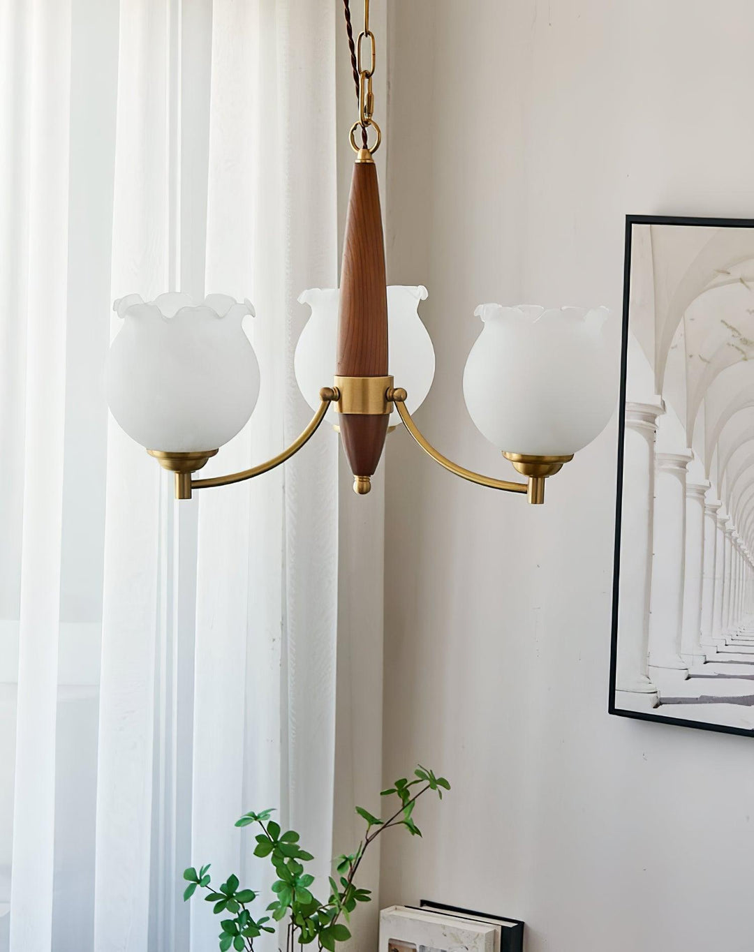 Lustra Chandelier en Verre, Bois et Laiton Vintage - Neutralighting