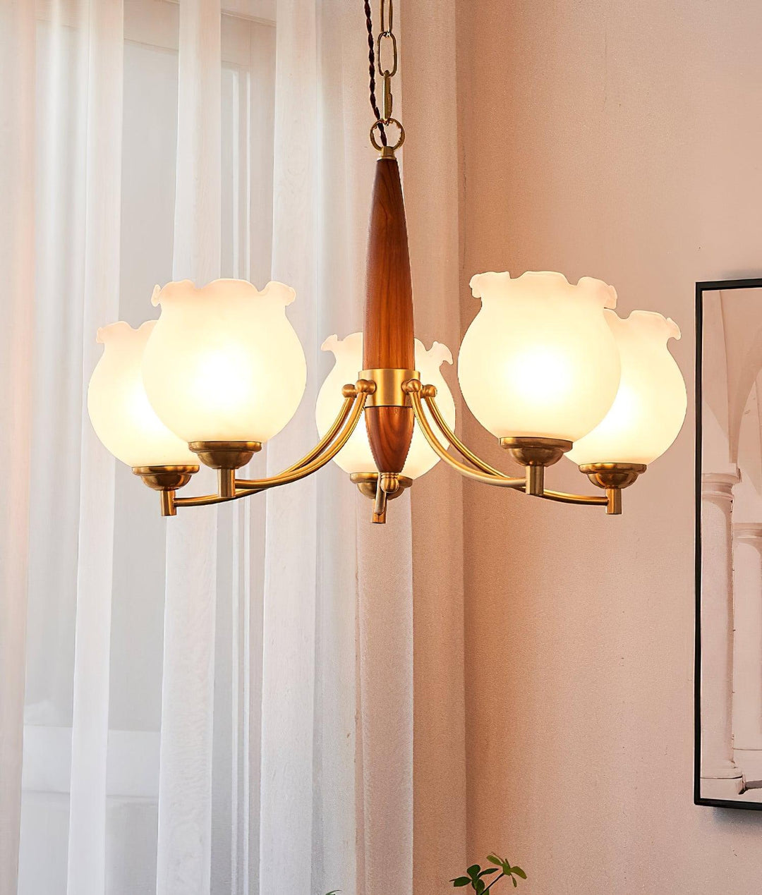 Lustra Chandelier en Verre, Bois et Laiton Vintage - Neutralighting