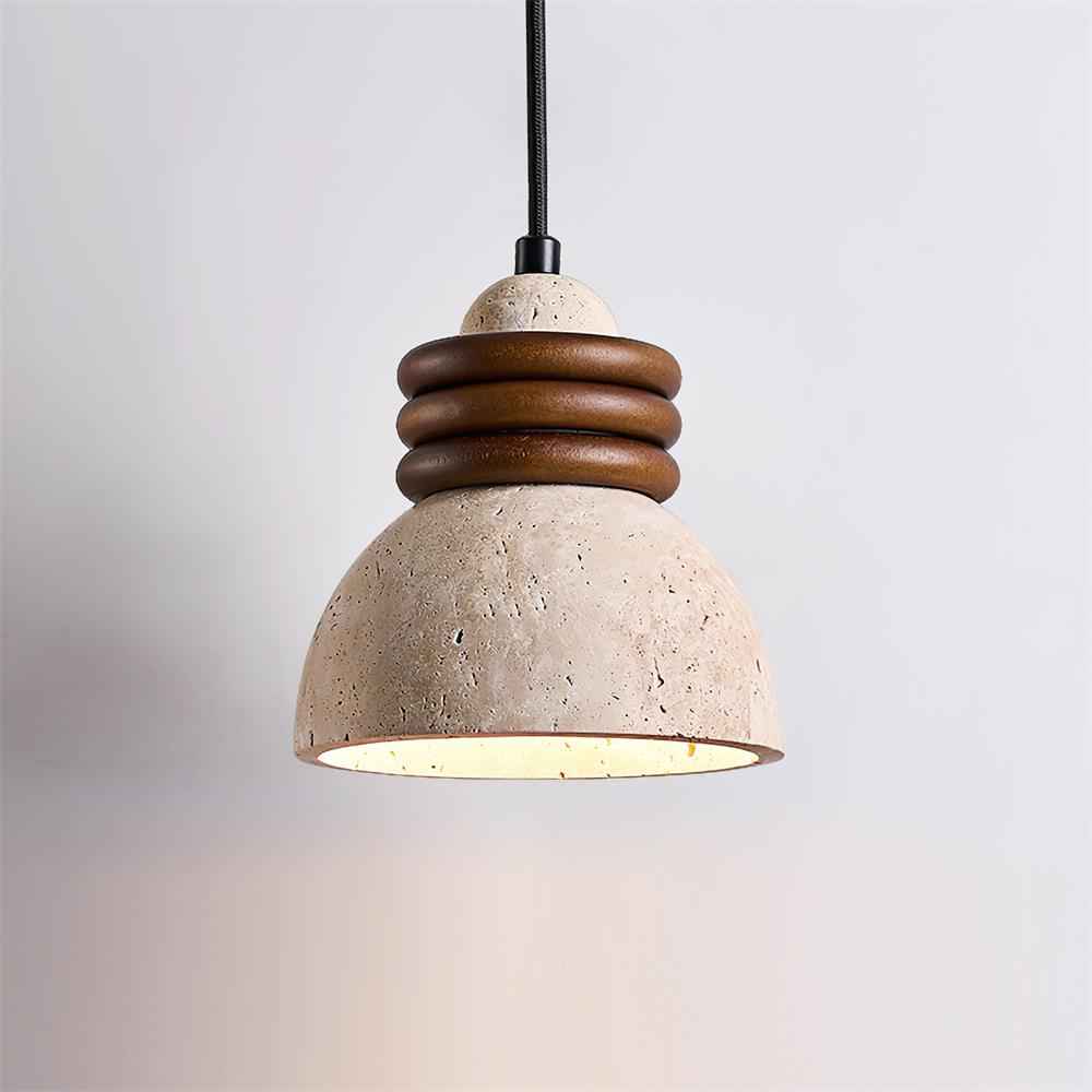 Lampe Suspension Dôme en Travertin Anneaux en Bois de Noyer Ambiance Minimaliste - Neutralighting