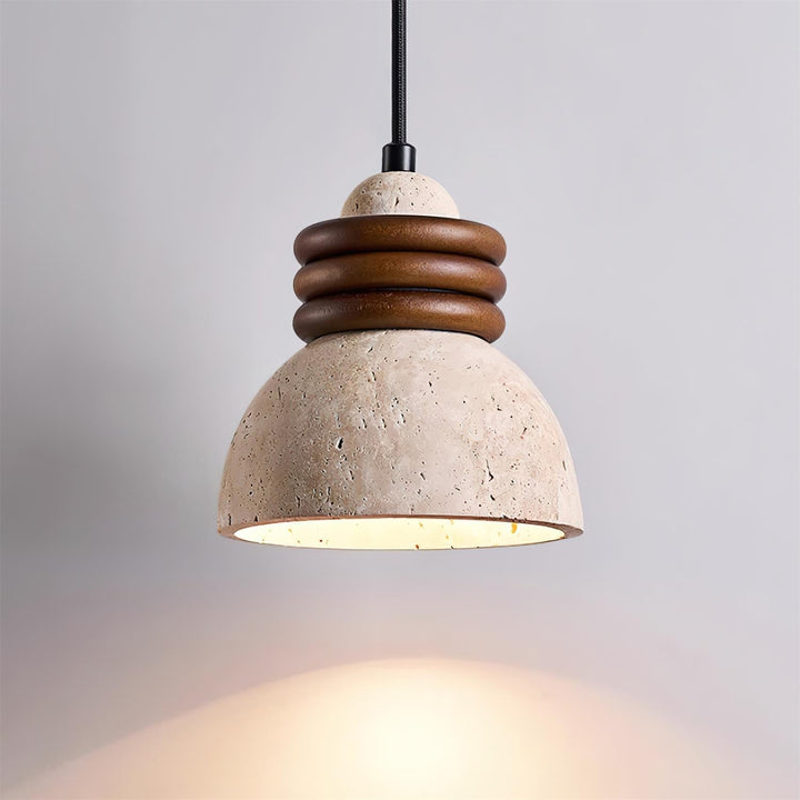 Lampe Suspension Dôme en Travertin Anneaux en Bois de Noyer Ambiance Minimaliste - Neutralighting