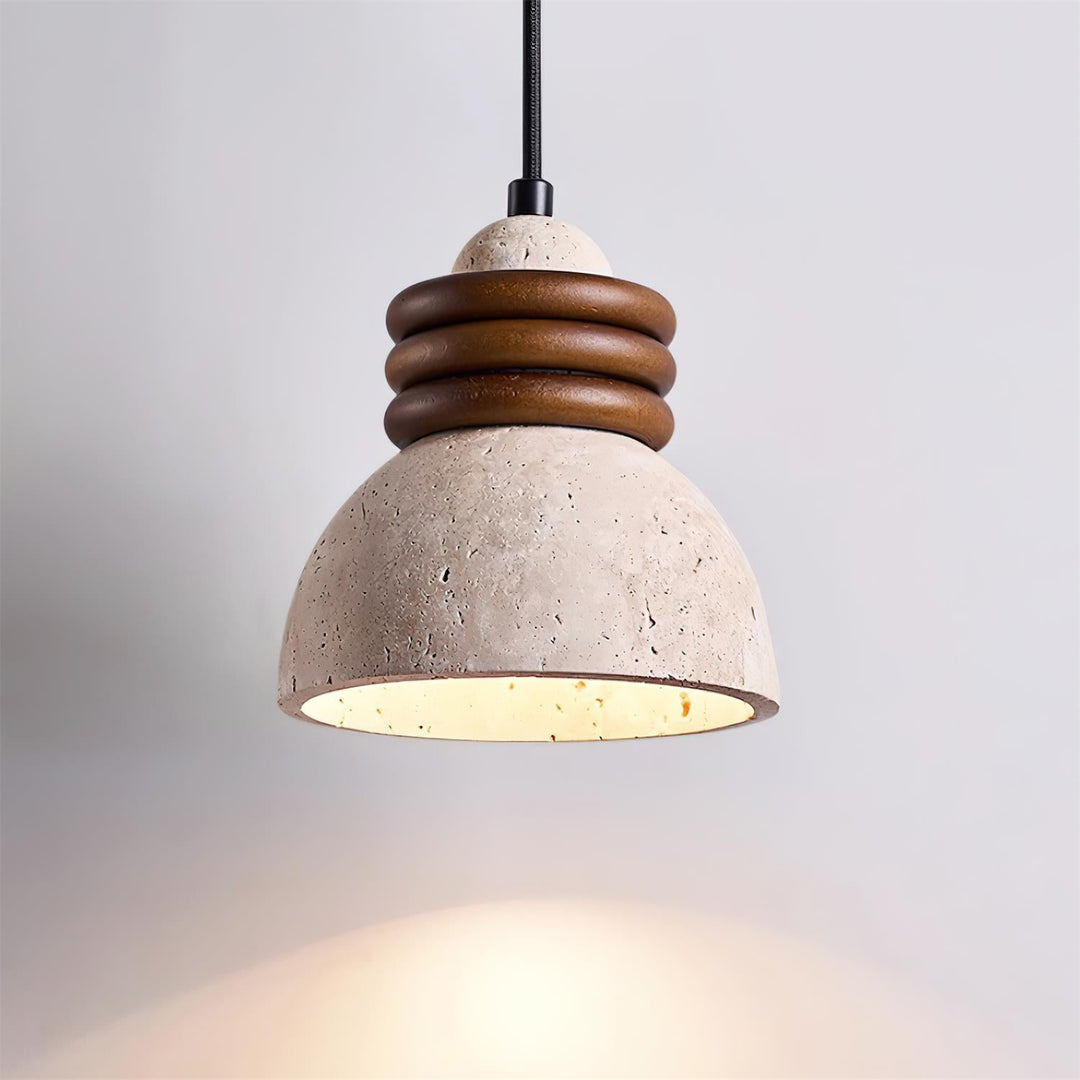 Lampe Suspension Dôme en Travertin Anneaux en Bois de Noyer Ambiance Minimaliste - Neutralighting
