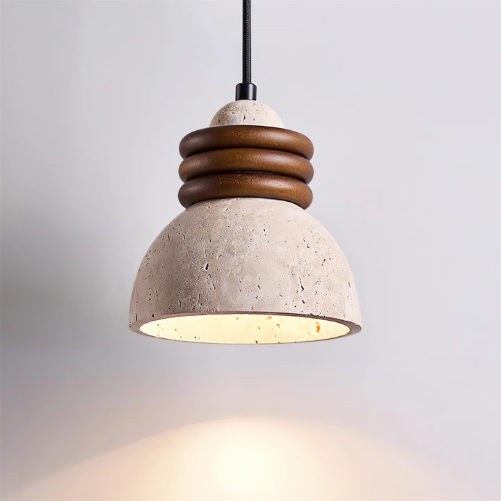 Lampe Suspension Dôme en Travertin Anneaux en Bois de Noyer Ambiance Minimaliste - Neutralighting