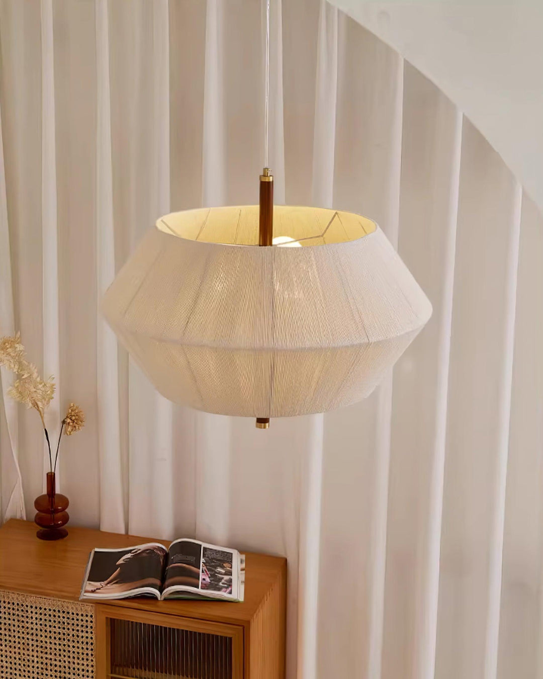 Lustra Suspension avec Abat-jour en Fil de Coton et Bois de Noyer Naturel - Neutralighting