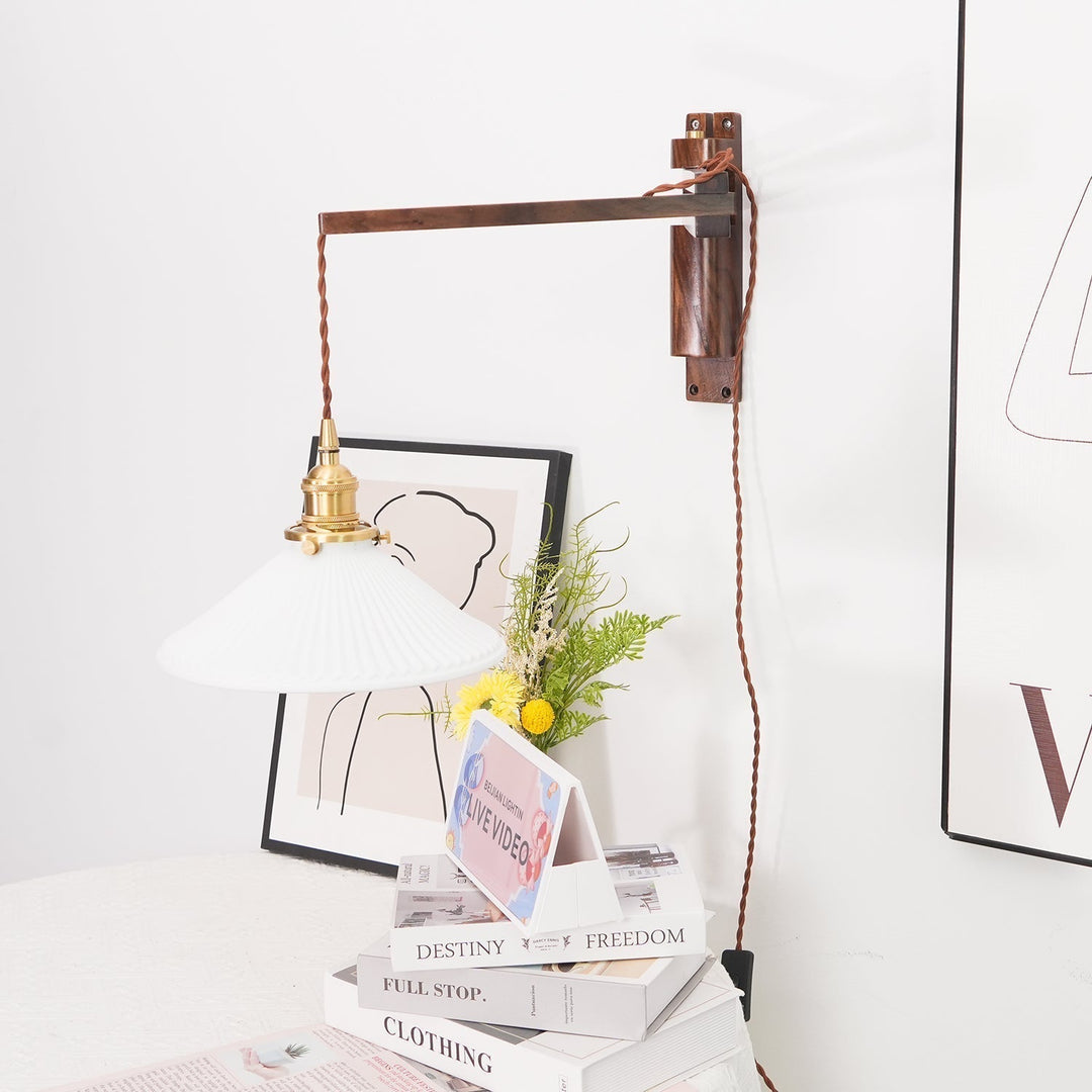 Illaee Nordic Art Swing Arm Walnut Ceramic Wall Light - Neutralighting
