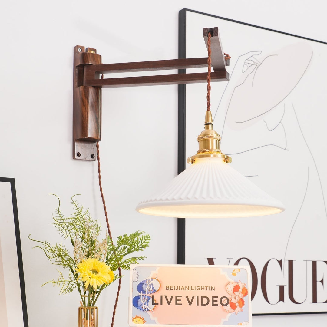 Orphaarae Nordic Art Swing Arm Walnut Ceramic Wall Lamp - Neutralighting