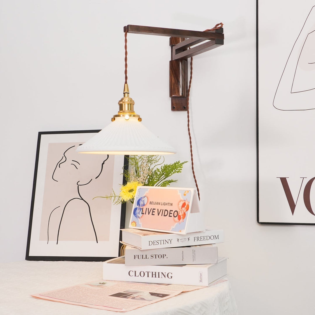 Orphaarae Nordic Art Swing Arm Walnut Ceramic Wall Lamp - Neutralighting