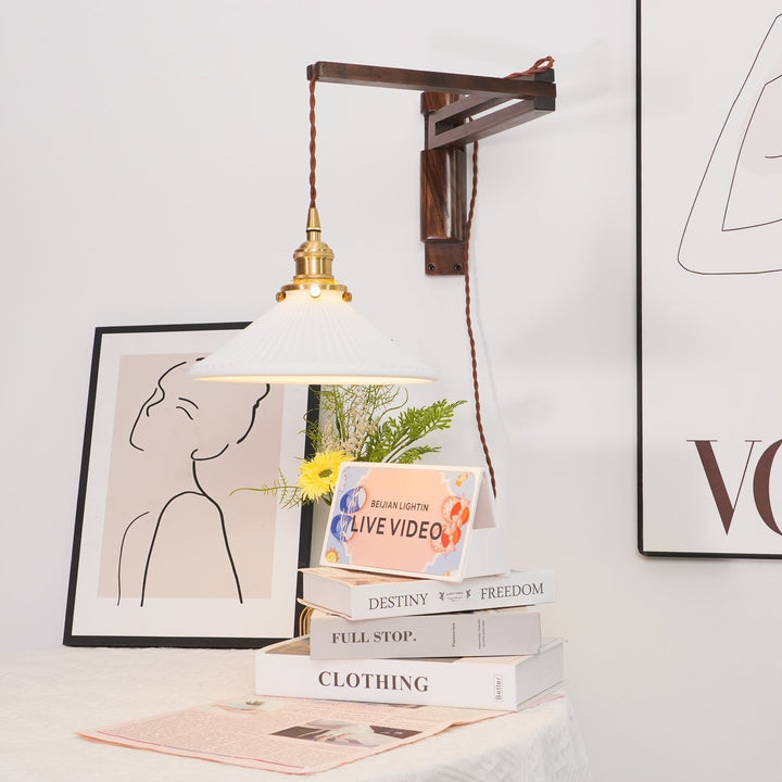 Orphaarae Nordic Art Swing Arm Walnut Ceramic Wall Lamp - Neutralighting