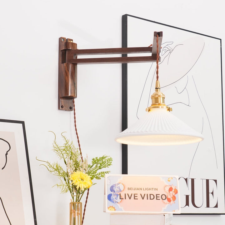 Orphaarae Nordic Art Swing Arm Walnut Ceramic Wall Lamp - Neutralighting