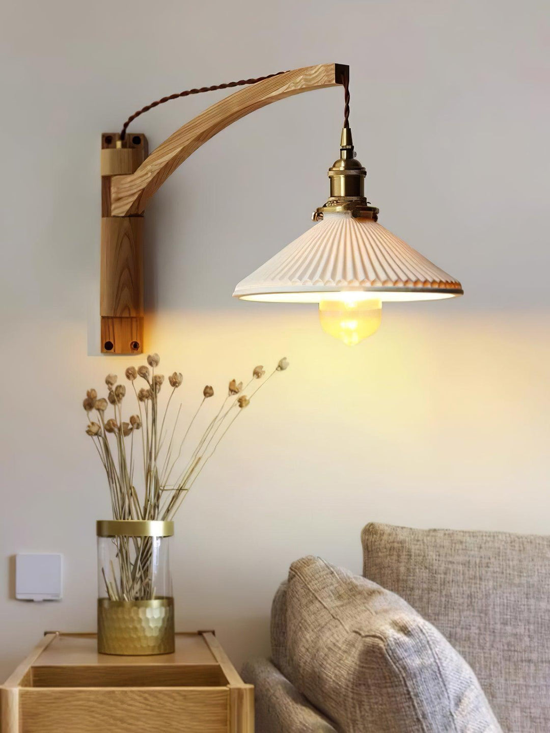 Orphaarae Nordic Art Swing Arm Walnut Ceramic Wall Lamp - Neutralighting