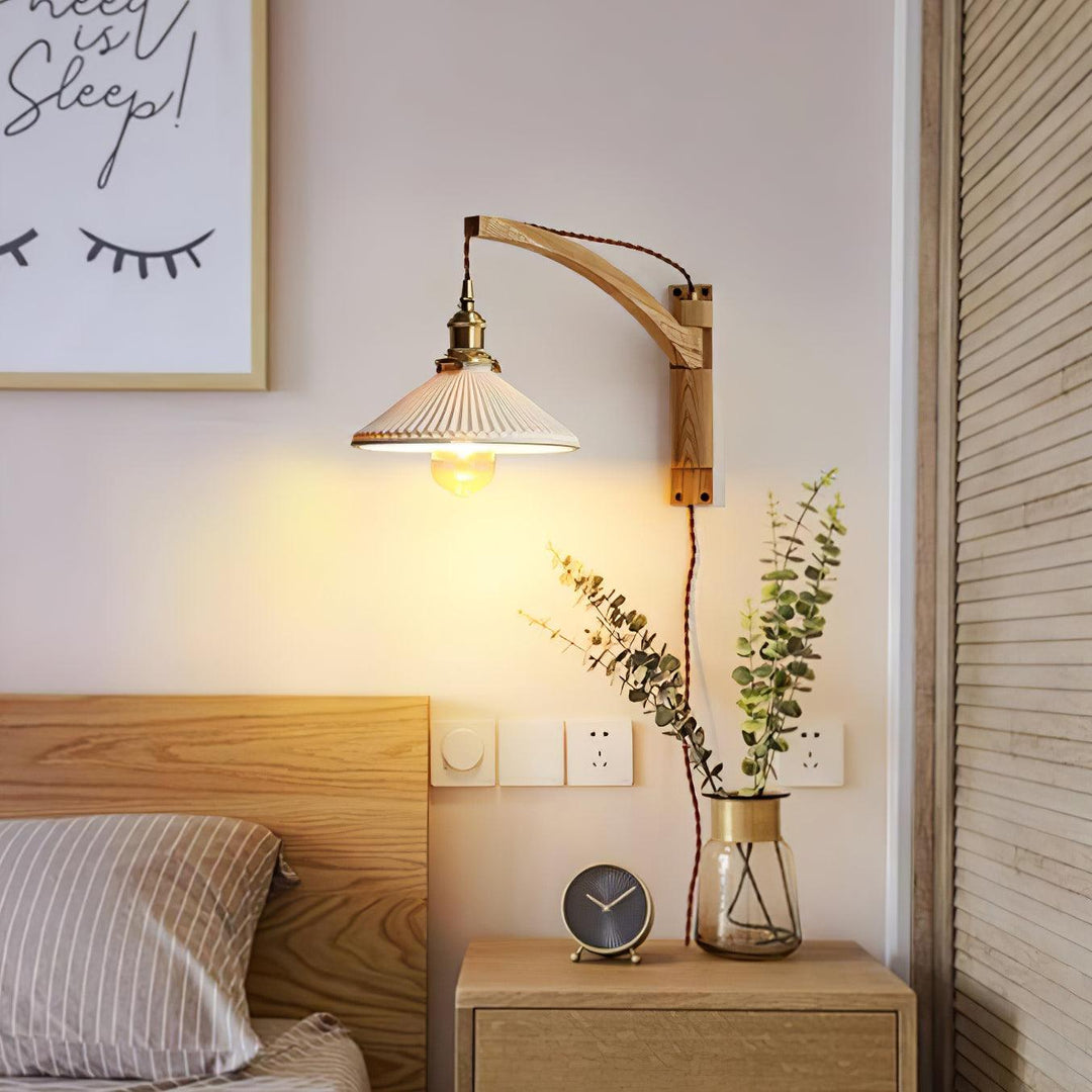 Orphaarae Nordic Art Swing Arm Walnut Ceramic Wall Lamp - Neutralighting