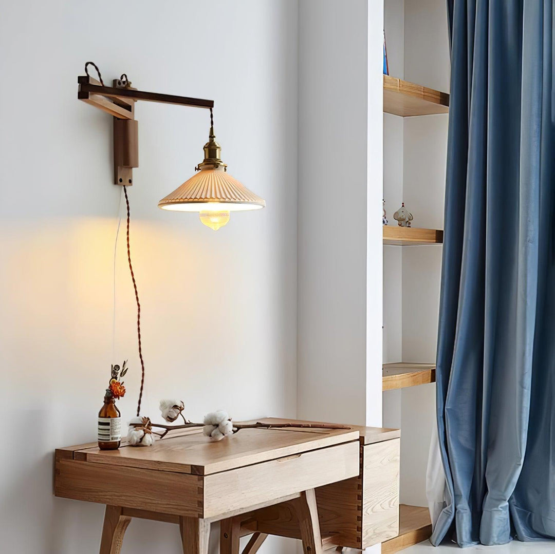 Orphaarae Nordic Art Swing Arm Walnut Ceramic Wall Lamp - Neutralighting